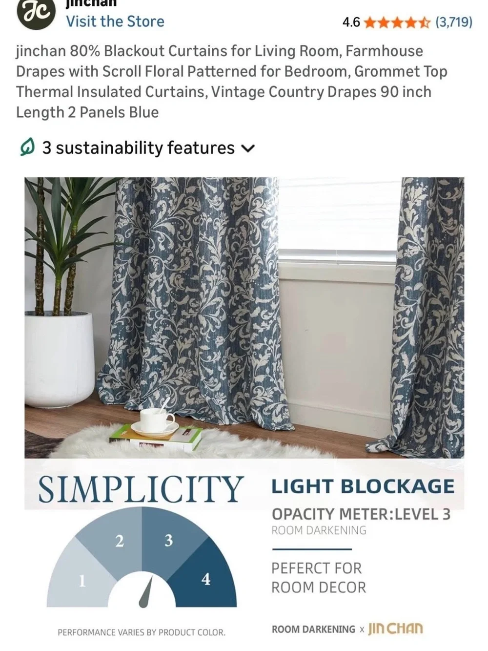 Blue White Scroll Floral Patterned 80% Blackout Curtain Panels 52 X 90